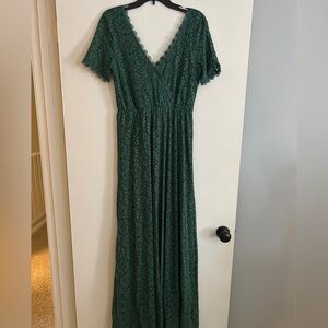 Green lace maxi dress with double V neckline. Size Large from Baltic Born